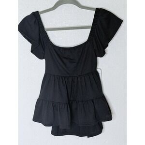 NWT$54 Altar'd State Tiered Blouse Sz XS Black Ruffled Puff Sleeves Casual
